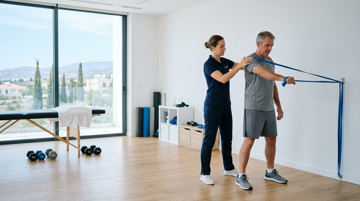 Physiotherapist guiding a patient through a resistance band shoulder exercise in a bright clinic
