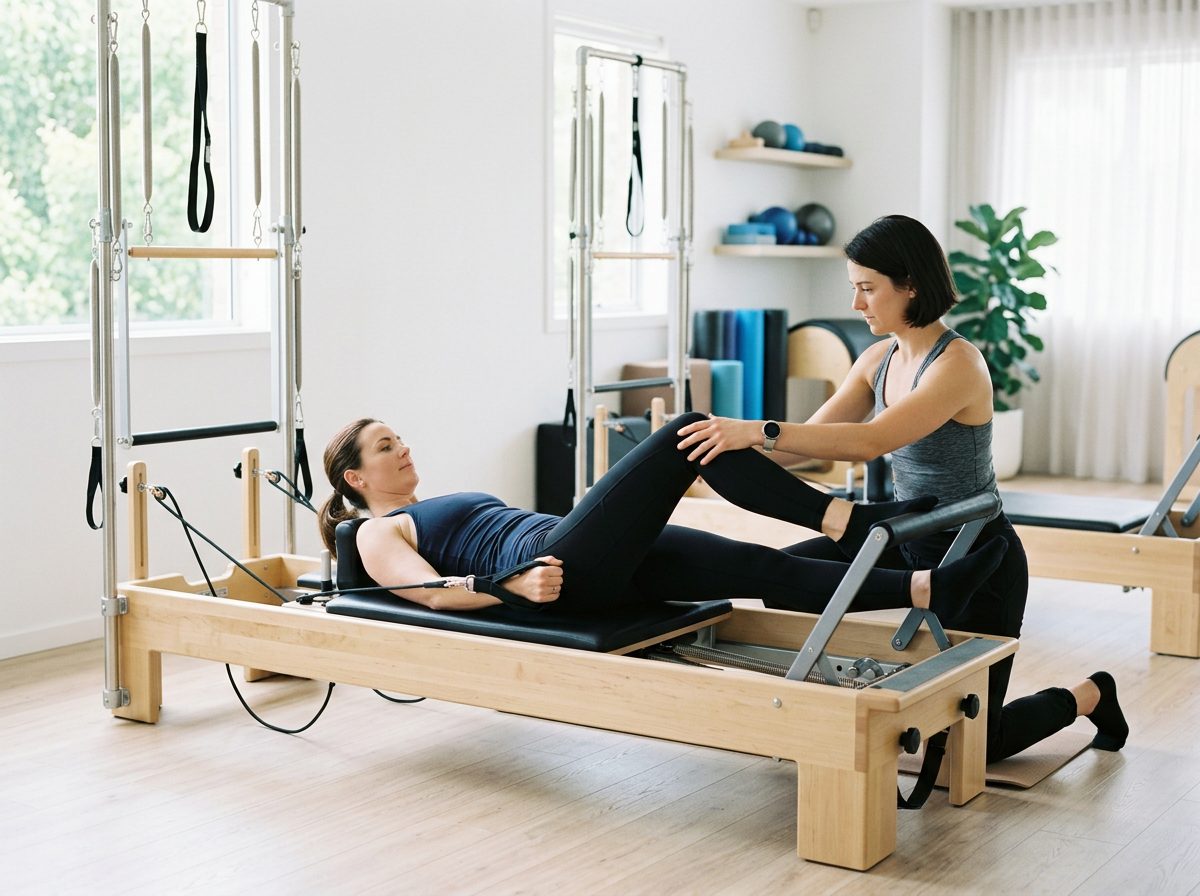 Physiotherapist adjusting a patient's knee on a Pilates reformer